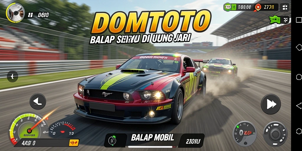 Antarmuka DOMTOTO menampilkan balapan mobil yang mendebarkan.
