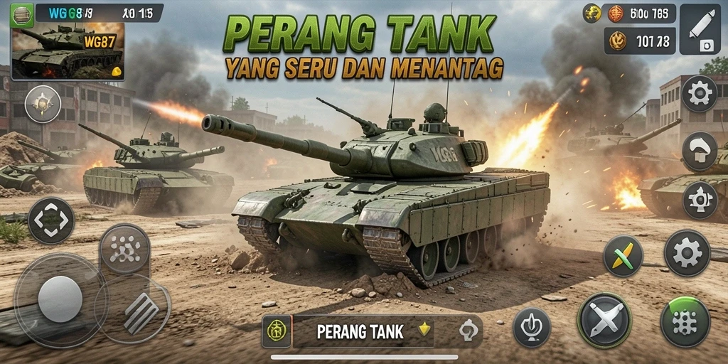 Antarmuka permainan WG87 memperlihatkan tank dalam pertempuran yang seru.